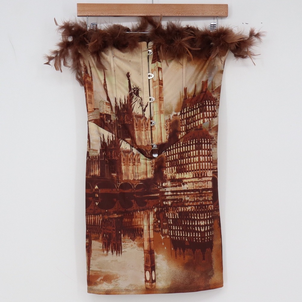 N°1 Los Angeles Corset Top Women L Brown Feather Cityscape Excellent